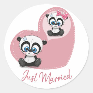 Rosa Frisch Vermählter Panda Teddybär Herz Hochzei Runder Aufkleber