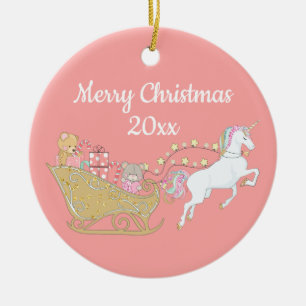 Rosa Frohe Weihnachten Einhorn Santa's Schlitten Keramik Ornament