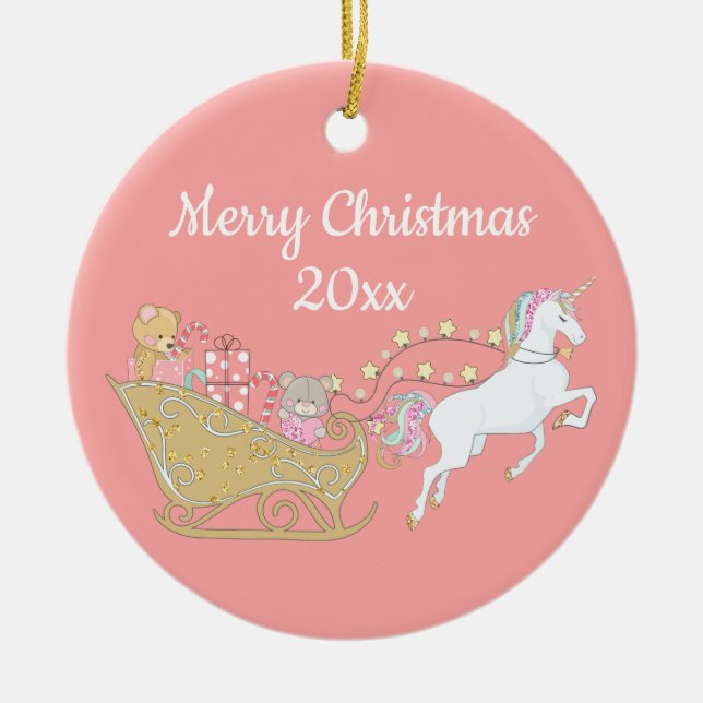 Rosa Frohe Weihnachten Einhorn Santa's Schlitten Keramik Ornament (Vorne)