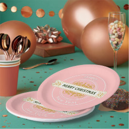 Rosa frohe Weihnachten, glückliches neues Jahr Pap Pappteller
