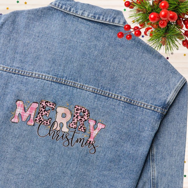 Rosa Frohe Weihnachten Kariert Leopard Print Glitz Jeansjacke (Von Creator hochgeladen)