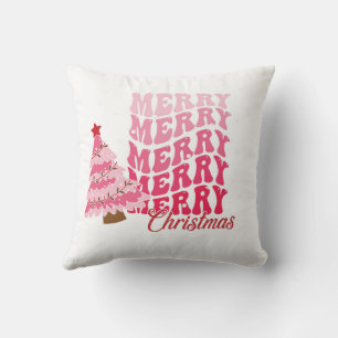 Rosa Frohe Weihnachten und Weihnachtsbaum Kissen
