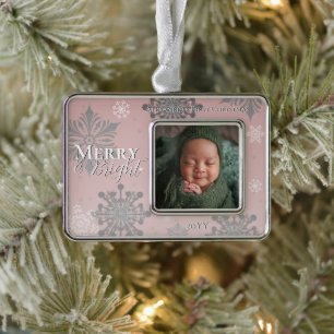 Rosa fröhliche und helle Schneeflocken Baby Foto Rahmen-Ornament Silber