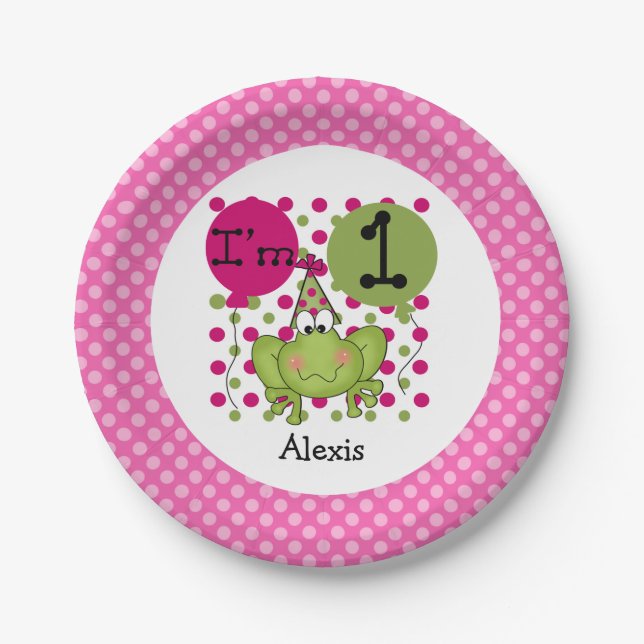 Rosa Frosch 1. Geburtstag Papier Teller (Vorderseite)