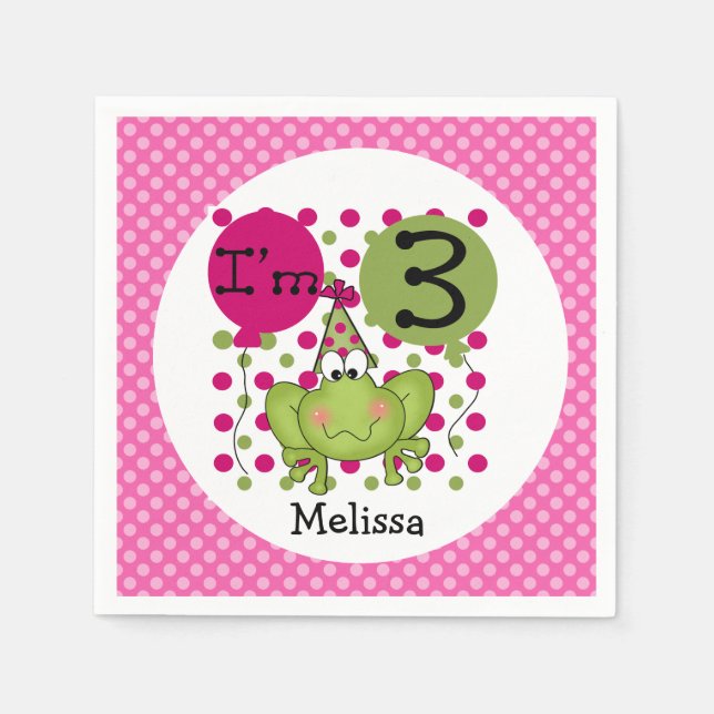 Rosa Frosch 3. Geburtstagspapier Napkins Serviette (Vorderseite)