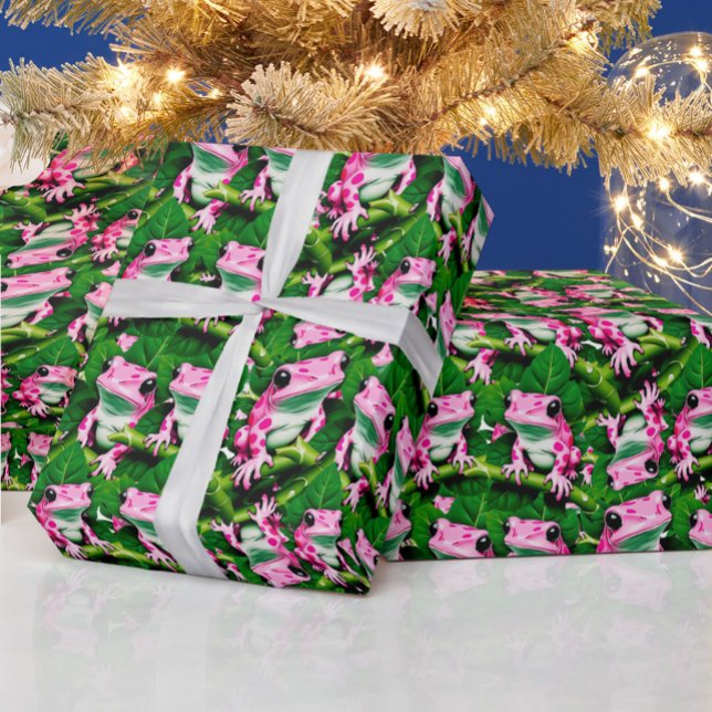 Rosa Frosch auf grünem Leaf-Muster Geschenkpapier (Von Creator hochgeladen)