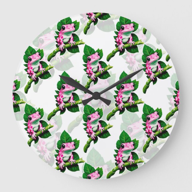 Rosa Frosch auf grünem Leaf-Muster Große Wanduhr (Vorderseite)
