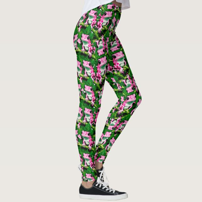 Rosa Frosch auf grünem Leaf-Muster Leggings (Von Creator hochgeladen)
