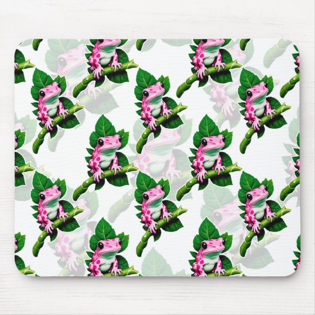 Rosa Frosch auf grünem Leaf-Muster Mousepad (Vorne)