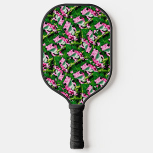 Rosa Frosch auf grünem Leaf-Muster Pickleball Schläger