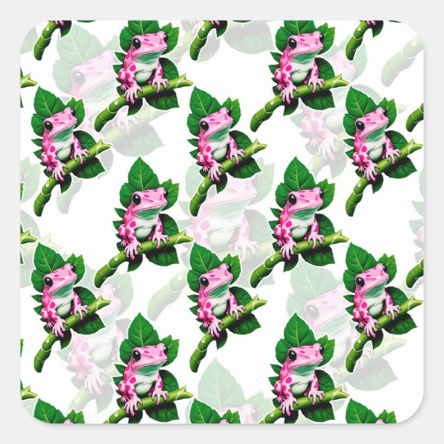 Rosa Frosch auf grünem Leaf-Muster Quadratischer Aufkleber (Vorderseite)