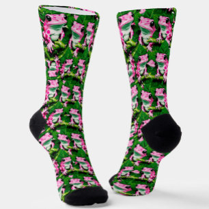 Rosa Frosch auf grünem Leaf-Muster Socken