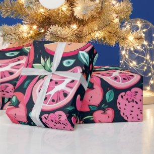 Rosa Früchte, schwarze Dekoration Geschenkpapier