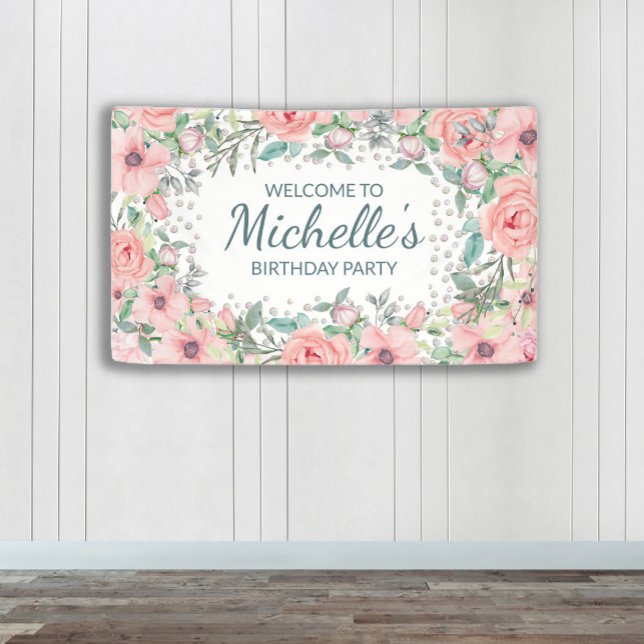 Rosa Frühlingsblumen-Grün-Geburtstag Banner (Blush pink floral custom birthday party banner)