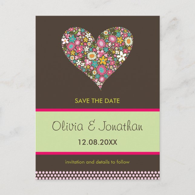 Rosa Frühlingsblumen Herz Save the Date Postkarte (Vorderseite)