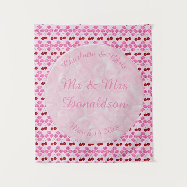 Rosa Frühlingsblüte und Kirschen Wandteppich (Vorderseite)