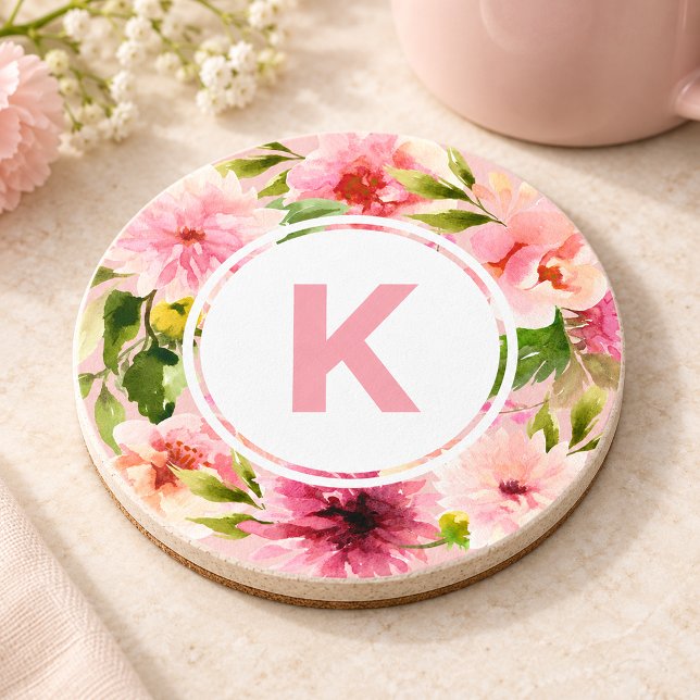 Rosa Frühlingsfarbe Blume Monogramm Getränkeuntersetzer (Von Creator hochgeladen)