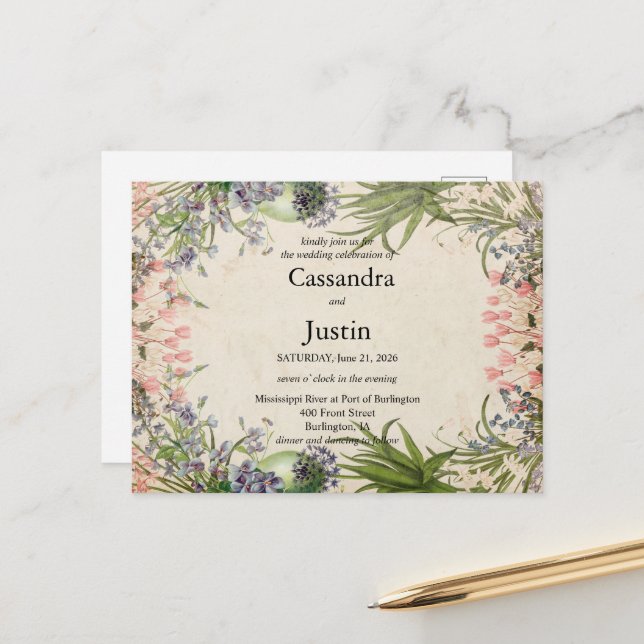 Rosa Frühlingsflorale Hochzeit Einladung Postkarte (Vorderseite/Rückseite Beispiel)