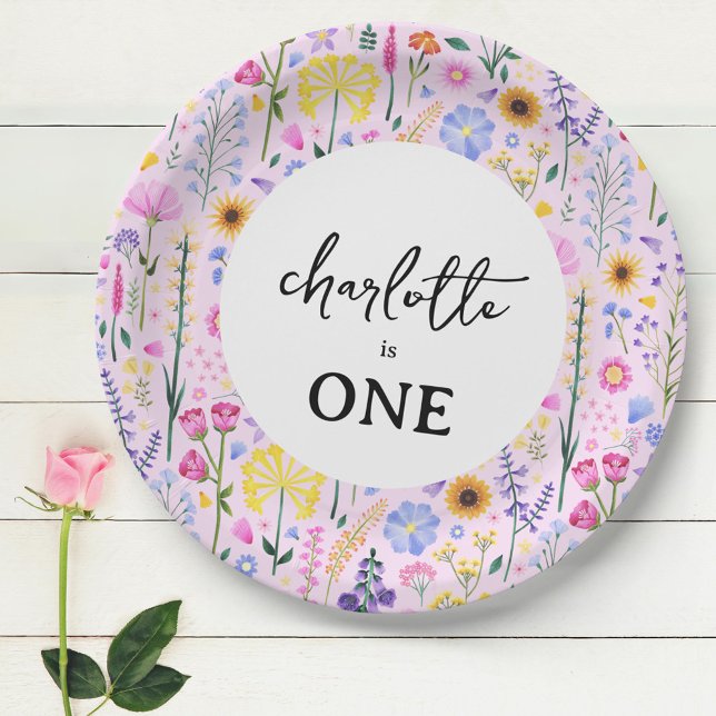 Rosa Frühlingssonne Wildblume Girl's First Birthda Pappteller (Pink Spring Wildflower Girl's First Birthday Paper Plates)