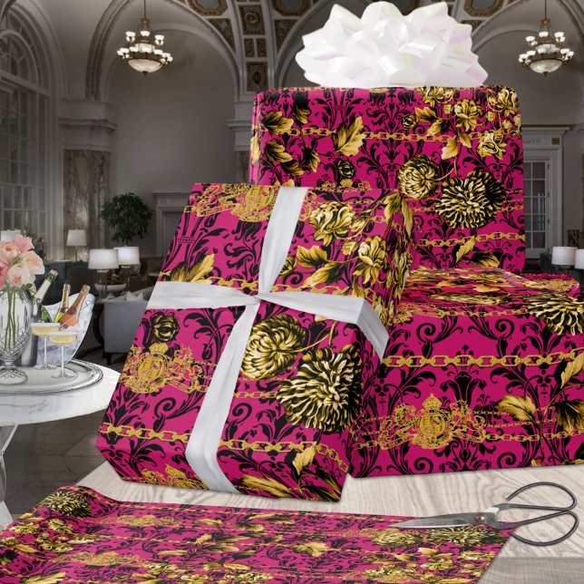 Rosa Fuchsia Black Gold Floral Acanthus Gold Chain Geschenkpapier (Von Creator hochgeladen)