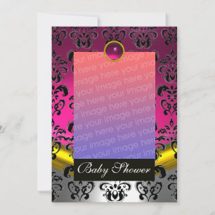 ROSA FUCHSIA WEIßER DAMAST BABY-SHOWER-MONOGRAMM EINLADUNG
