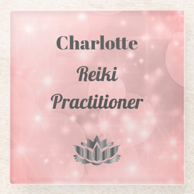 Rosa Funkelnd Reiki Practitioner personalisiert Glasuntersetzer (Vorderseite)