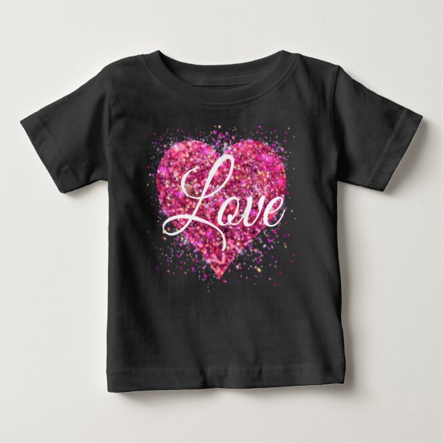 Rosa funkelnde Glitzer Herz Liebe Baby T-shirt (Vorderseite)