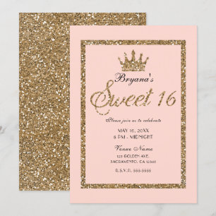 Rosa funkelnde goldene Glitter Sweet 16 Prinzessin Einladung