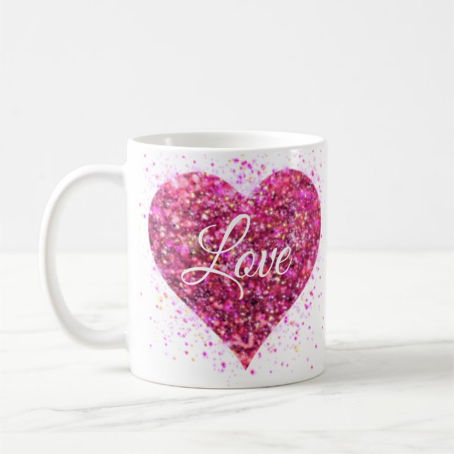 Rosa funkelnde Sequenzen Herzvalentin Liebe Kaffeetasse (Links)