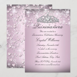 Rosa funkelnde Tiara und Herzen Quinceanera Einlad Einladung