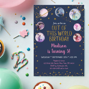 Rosa Galaxie Planeten Mädchen Geburtstag Einladung