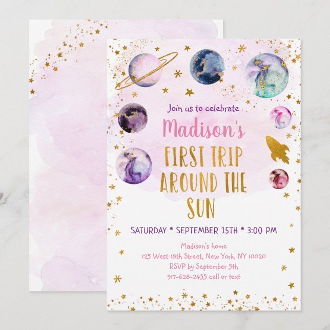 Rosa Galaxy Erster Ausflug rund um die Sonne Gebur Einladung (Vorne/Hinten)
