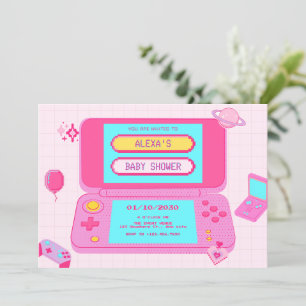 Rosa-Game-Retro-Babydusche Einladung