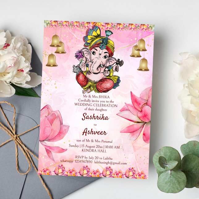 Rosa Ganesha lotus Indische Hochzeitsvorlage Einladung (Cute Ganesha pink lotus Indian wedding template invitation instant download)