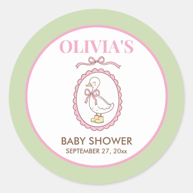 Rosa Gänse-Baby-Party-Aufkleber | Personalisiert Runder Aufkleber (Vorderseite)