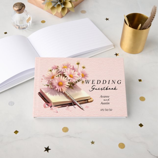 Rosa Gänseblümchen auf offenem Buch Hochzeit (Vorderseite Offen)