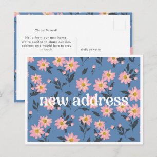 Rosa Gänseblümchen Blau Floral Neue Adresse Wir si Postkarte