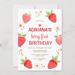 Rosa Gänseblümchen Floral Gingham Beeren Erster Ge Einladung