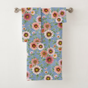 Rosa Gänseblümchen mit Blumen auf Blau Badhandtuch Set