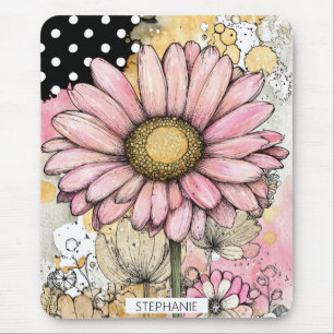 Rosa Gänseblümchen-Skizze mit goldenem gelben Zent Mousepad