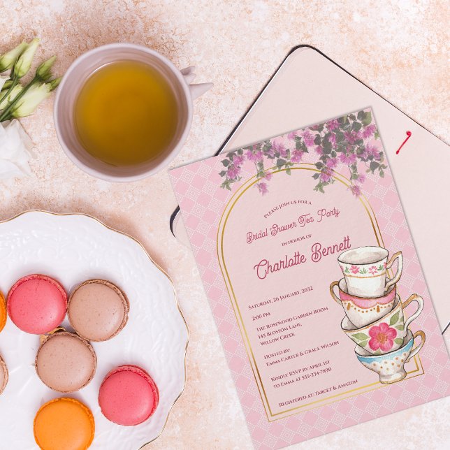 Rosa Gartentasse Blumige Teeparty-Brautparty Einladung (Pink Garden Teacup Floral Tea Party Bridal Shower Invitation)