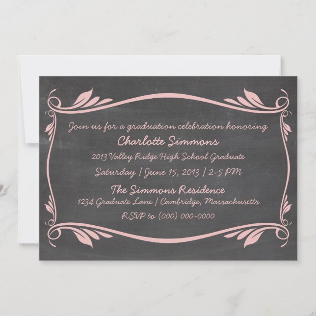 Rosa Geblüht Chalkboard Abschluss laden Einladung (Vorderseite)