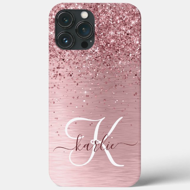 Rosa gebürsteter Glitzer Monogramm Name Case-Mate iPhone Hülle (Rückseite)