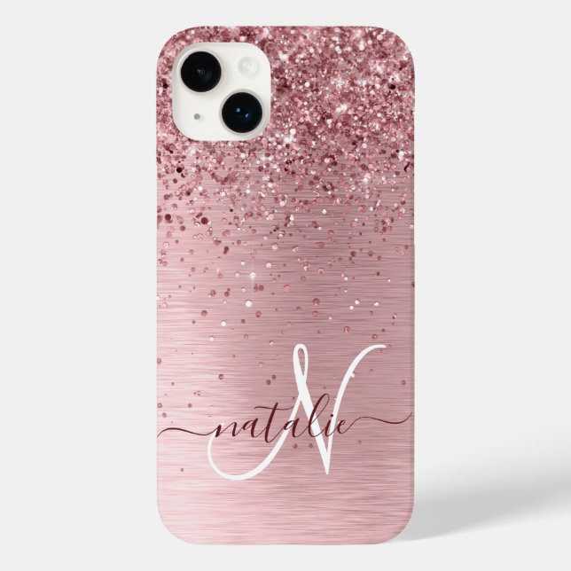 Rosa gebürsteter Glitzer Monogramm Name Case-Mate iPhone Hülle (Rückseite)