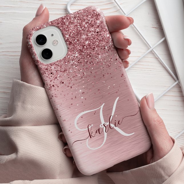 Rosa gebürsteter Glitzer Monogramm Name Case-Mate iPhone Hülle (Von Creator hochgeladen)