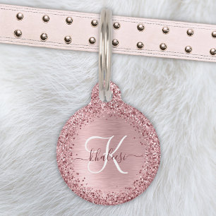 Rosa gebürsteter Glitzer Monogramm Name Haustiermarke