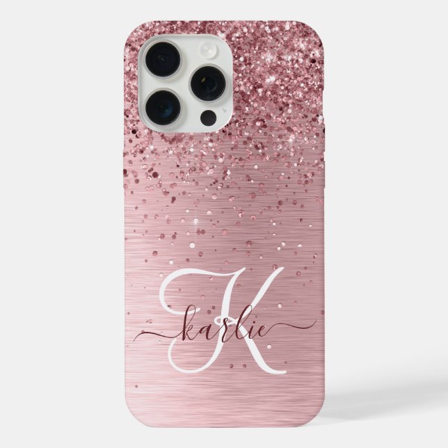 Rosa gebürsteter Glitzer Monogramm Name iPhone Hülle (Rückseite)