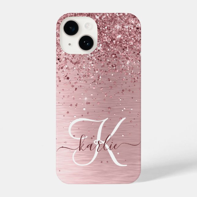 Rosa gebürsteter Glitzer Monogramm Name iPhone Hülle (Rückseite)