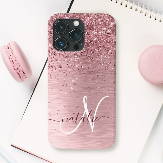 Rosa gebürsteter Glitzer Monogramm Name iPhone Hülle (Von Creator hochgeladen)