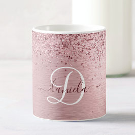 Rosa gebürsteter Glitzer Monogramm Name Kaffeetasse